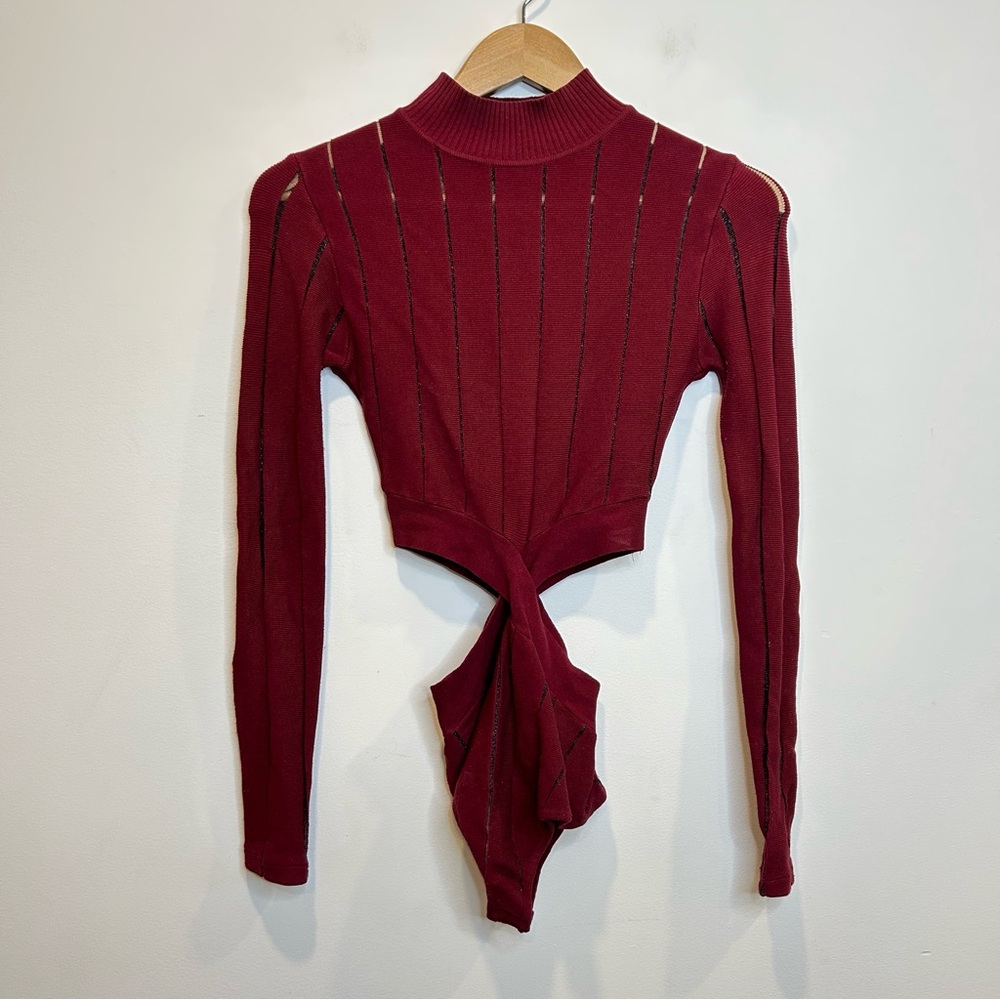 Rehab Long Sleeve Side Cut Out High Neck Stretch Bodysuit Red Sheer